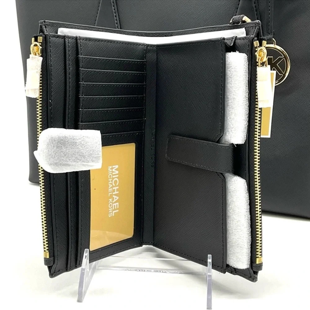 Michael Kors Bag Large Sheila Mf Tote Bag & Large Double Zip Wallet Black/Gold - Picture 14 of 15
